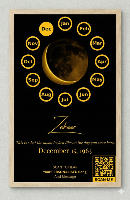 Custom Birthday Moon Phase Print with Custom Song & Voice Note + QR Code | Personalized Digital Gift with Framed & Photo Upgrade Options | Luxury Custom Digital Gifts