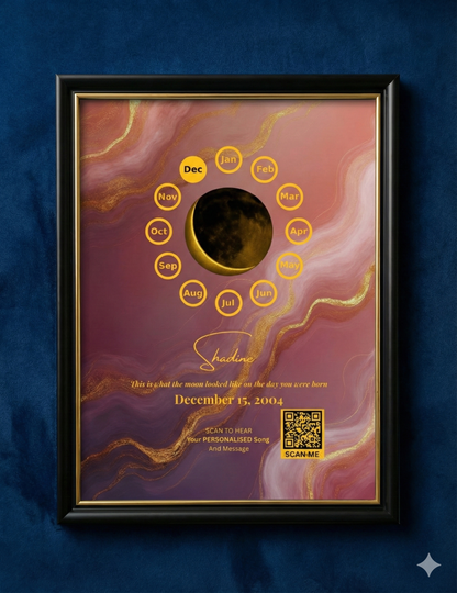 Custom Birthday Moon Phase Print with Custom Song & Voice Note + QR Code | Personalized Digital Gift with Framed & Photo Upgrade Options | Luxury Custom Digital Gifts