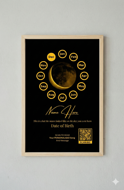 Custom Birthday Moon Phase Print with Custom Song & Voice Note + QR Code | Personalized Digital Gift with Framed & Photo Upgrade Options | Luxury Custom Digital Gifts