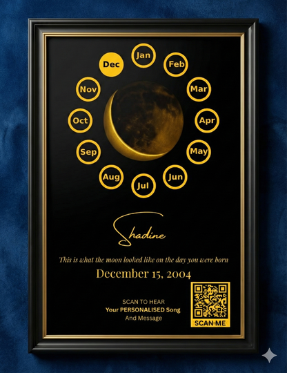 Custom Birthday Moon Phase Print with Custom Song & Voice Note + QR Code | Personalized Digital Gift with Framed & Photo Upgrade Options | Luxury Custom Digital Gifts