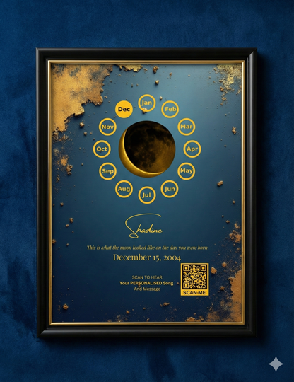 Custom Birthday Moon Phase Print with Custom Song & Voice Note + QR Code | Personalized Digital Gift with Framed & Photo Upgrade Options | Luxury Custom Digital Gifts