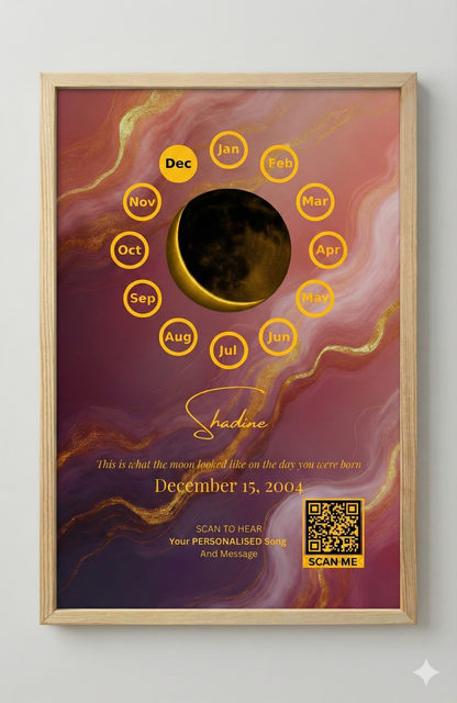 Custom Birthday Moon Phase Print with Custom Song & Voice Note + QR Code | Personalized Digital Gift with Framed & Photo Upgrade Options | Luxury Custom Digital Gifts