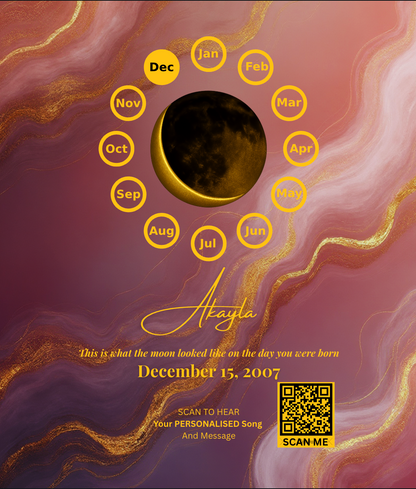 Custom Birthday Moon Phase Print with Custom Song & Voice Note + QR Code | Personalized Digital Gift with Framed & Photo Upgrade Options | Luxury Custom Digital Gifts