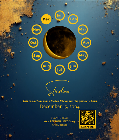 Custom Birthday Moon Phase Print with Custom Song & Voice Note + QR Code | Personalized Digital Gift with Framed & Photo Upgrade Options | Luxury Custom Digital Gifts